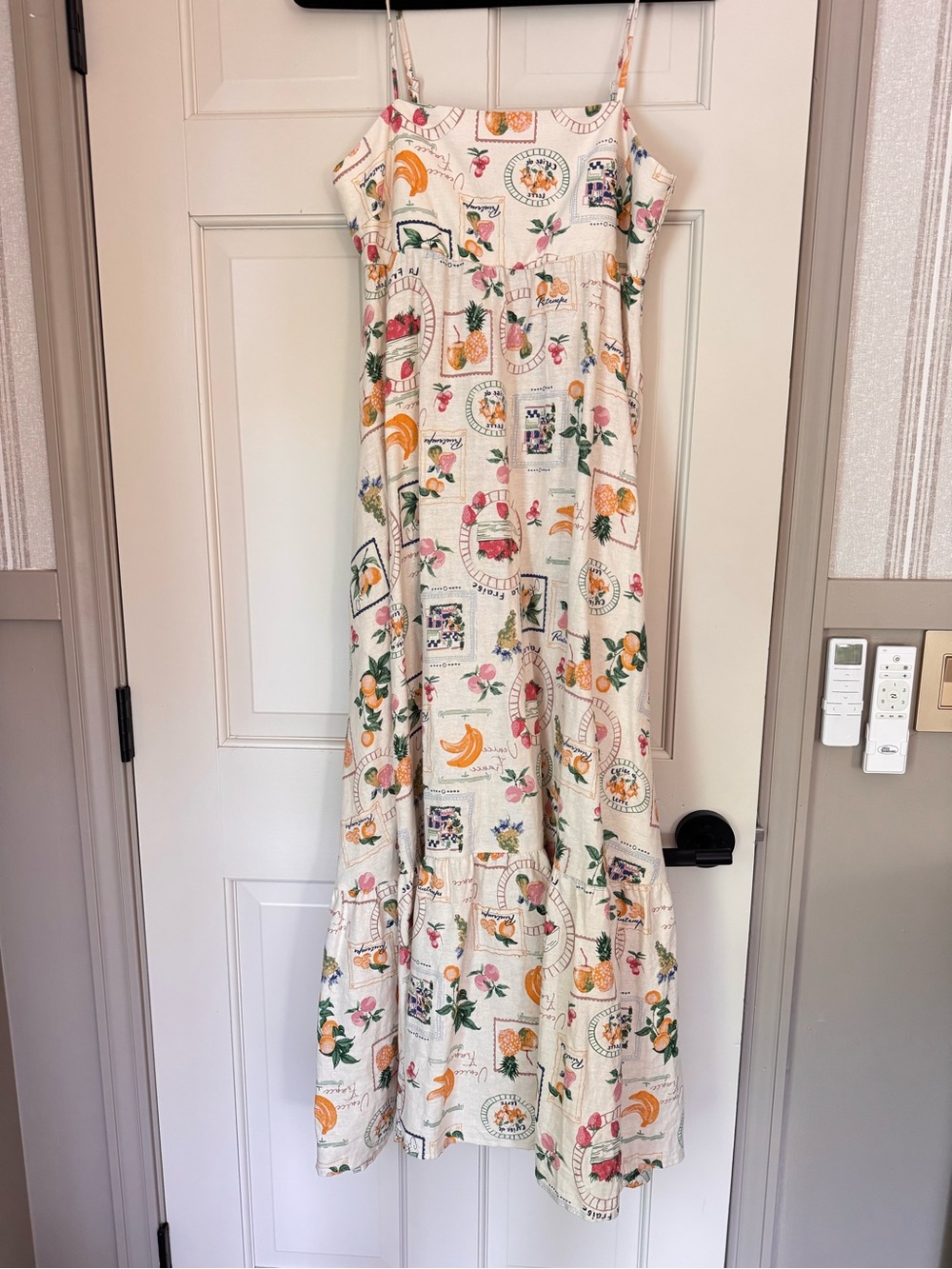 Cream Fruit-Print Maxi Dress with Spaghetti Straps